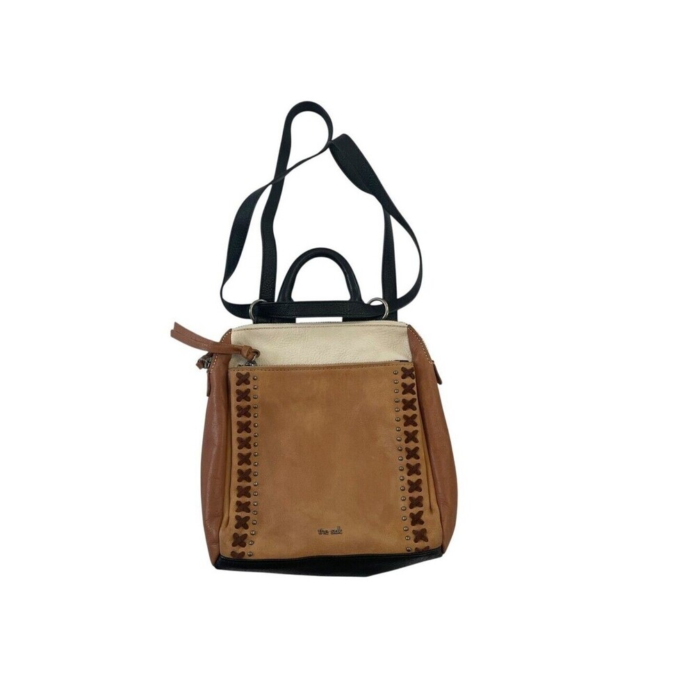 The Sak Backpack Womens Convertible Leather Tan Black Suede Studded Crossbody